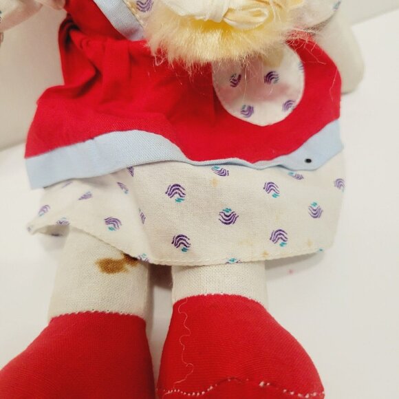 Vtg Rag Doll With Red Dress Hat Patterned Shirt Blonde Braided Hair Red Shoes - Picture 4 of 8